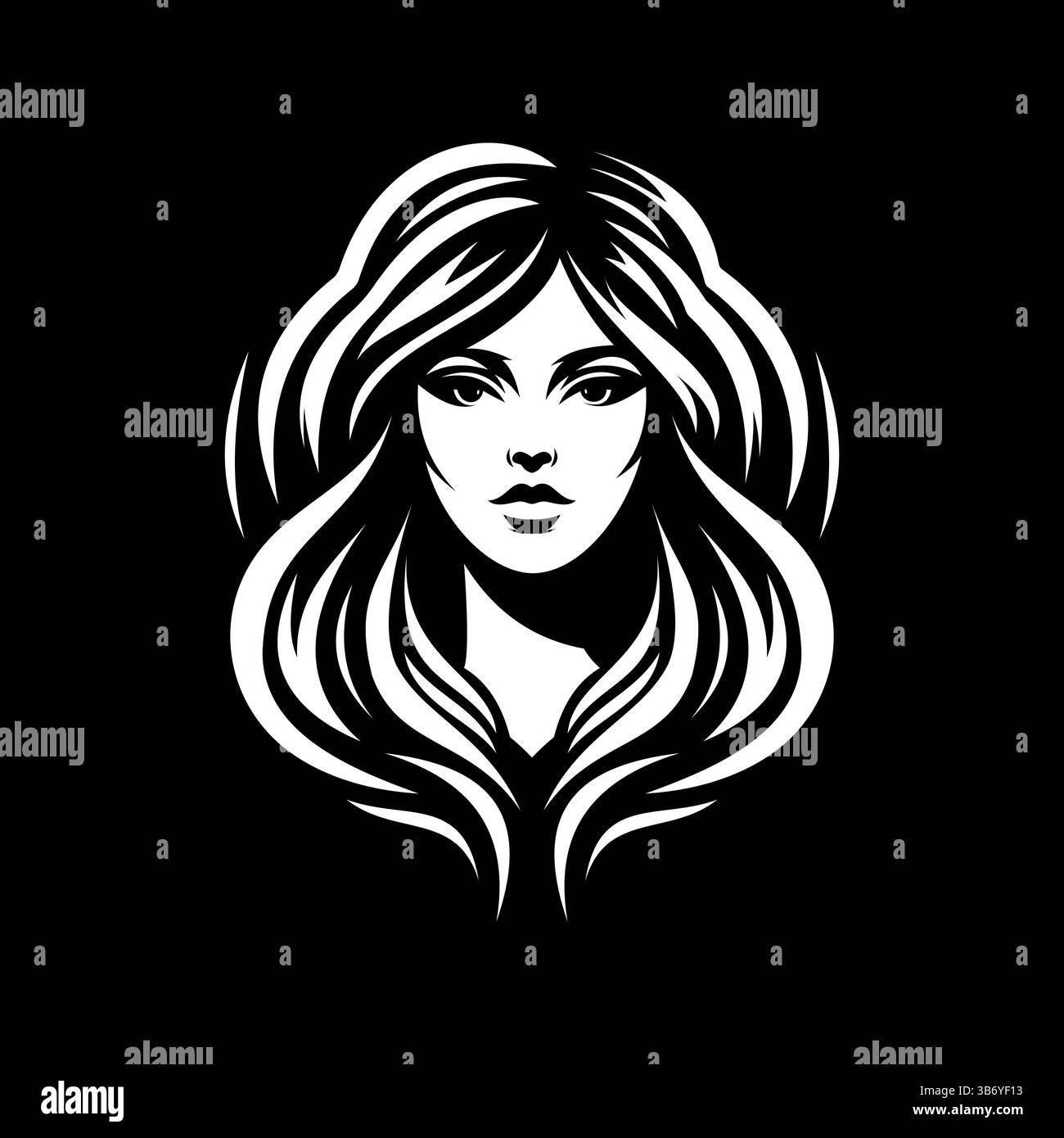 Schwarz-weiß Frauengesicht Vektor Stylized weibliches Porträt mit langen fließenden Haaren im Tattoo- oder Logo-Stil Stock Vektor