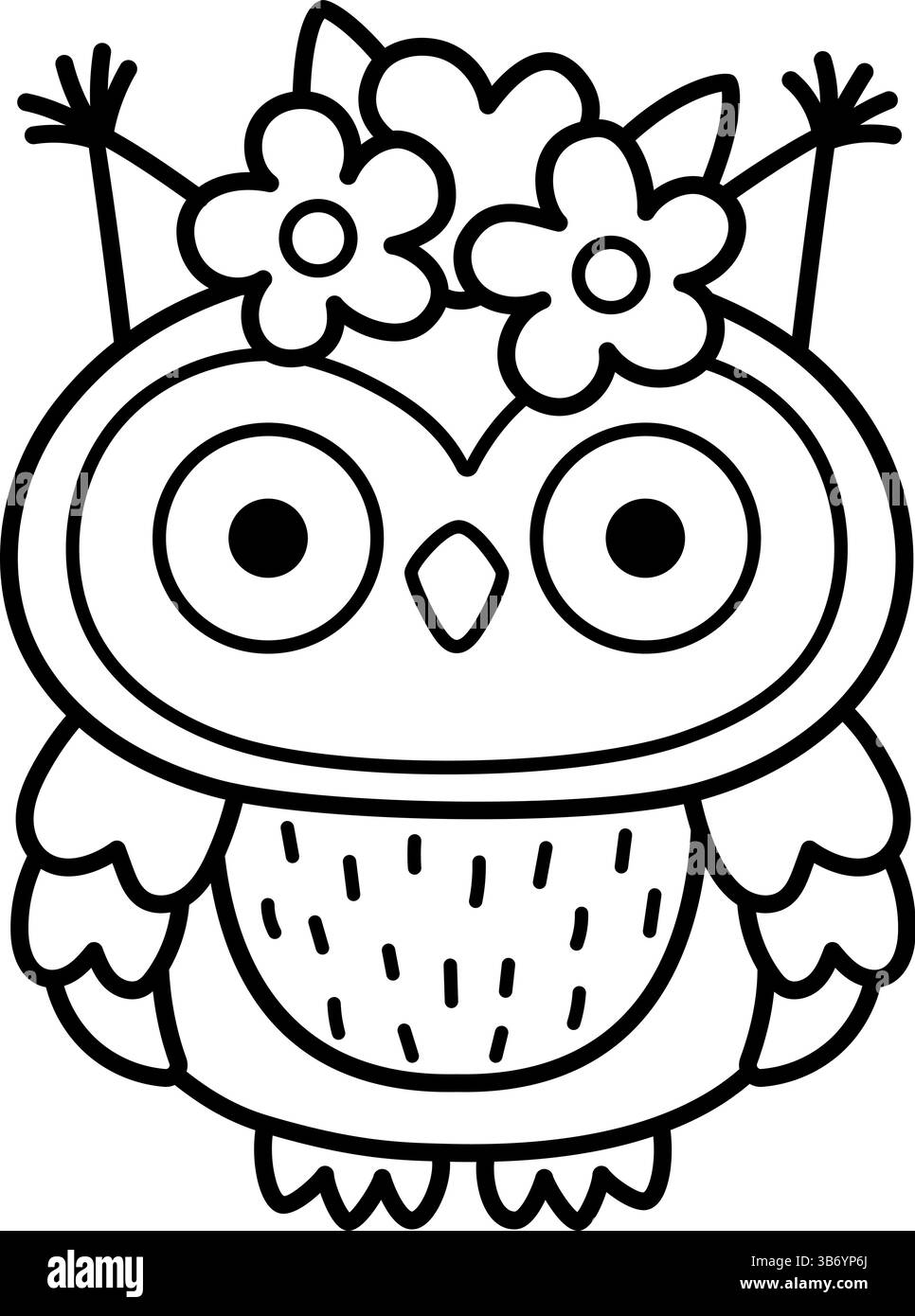 Vektorsymbol für schwarz-weiße Eulen. Magische Kreatur-Linie Clipart. Niedlicher Märchencharakter. Fantasy-Tier oder -Vogel im Wald mit Blumen auf dem Kopf. Wald f Stock Vektor