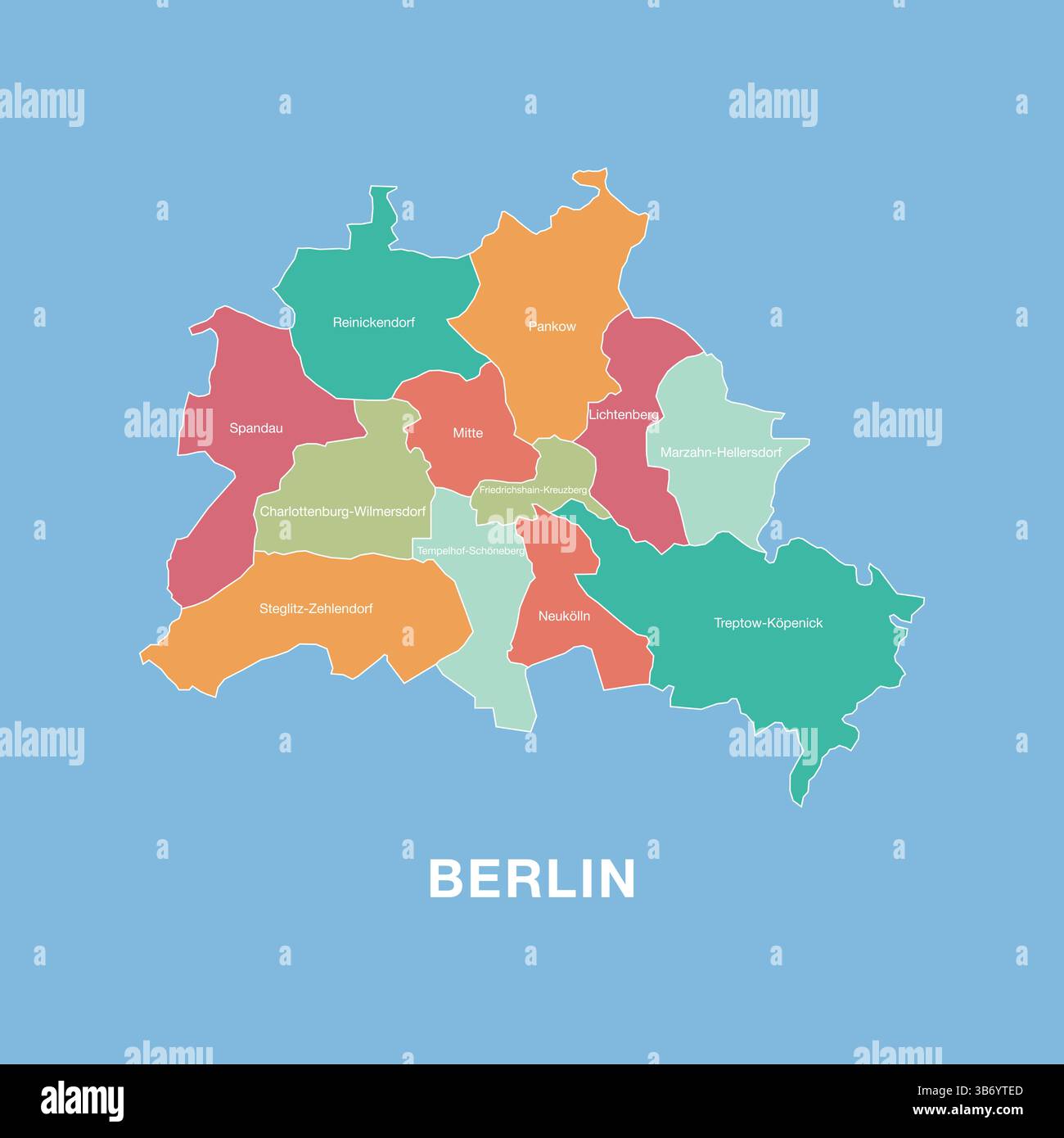 Bunte Karte von Berlin, Deutschland mit beschrifteten Verwaltungsbezirken. Vektorillustration isoliert auf blauem Hintergrund. Stock Vektor