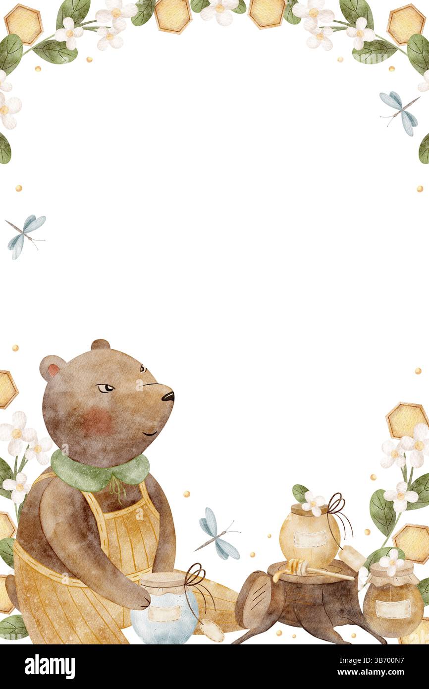 Rahmen Aquarellbär mit Honiggläsern auf einem Stumpf, Libelle, Waben in Blumen, Blätter. Handgezeichnete Illustrationen im Cartoon-Stil für Vorlagen Stockfoto