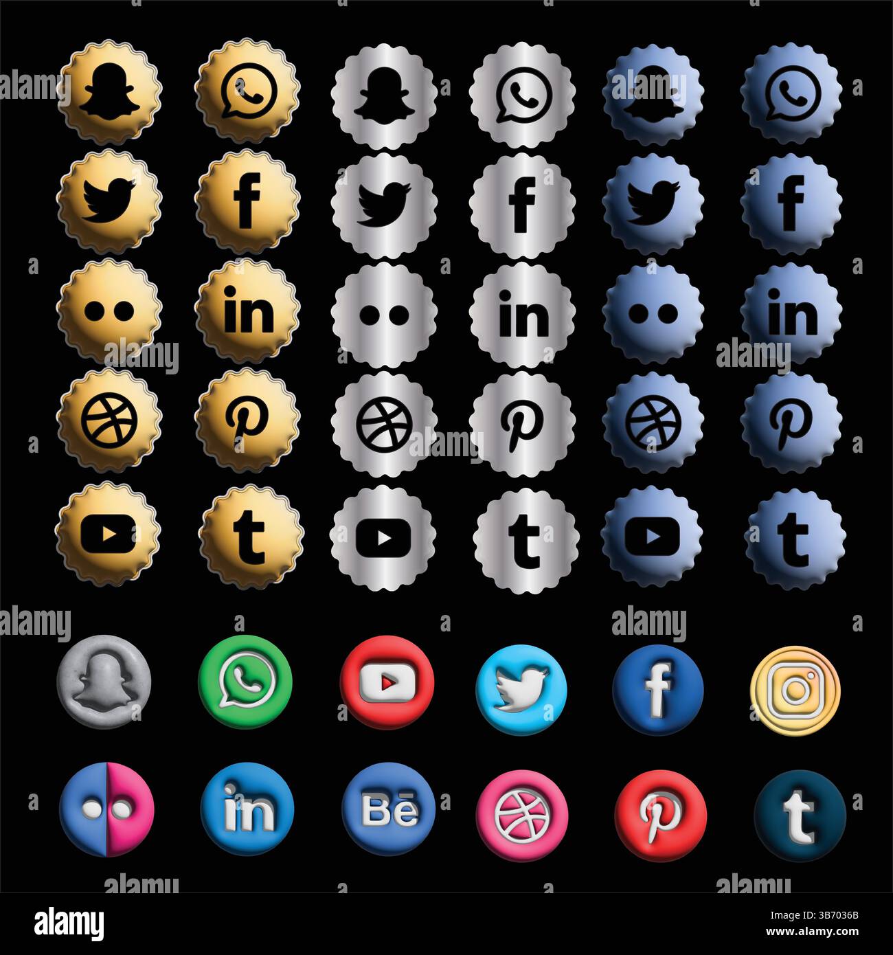 Bunte 3D Social Media Icons HD Glossy App Logos für Instagram, Facebook, YouTube, TikTok und mehr Stock Vektor