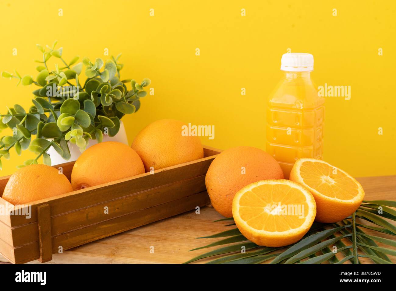 Frische Orangen und Saftflasche auf Holztisch mit grüner Pflanze und Palmblatt vor gelbem Hintergrund frische Orangen und Saftflasche auf Holztisch Stockfoto