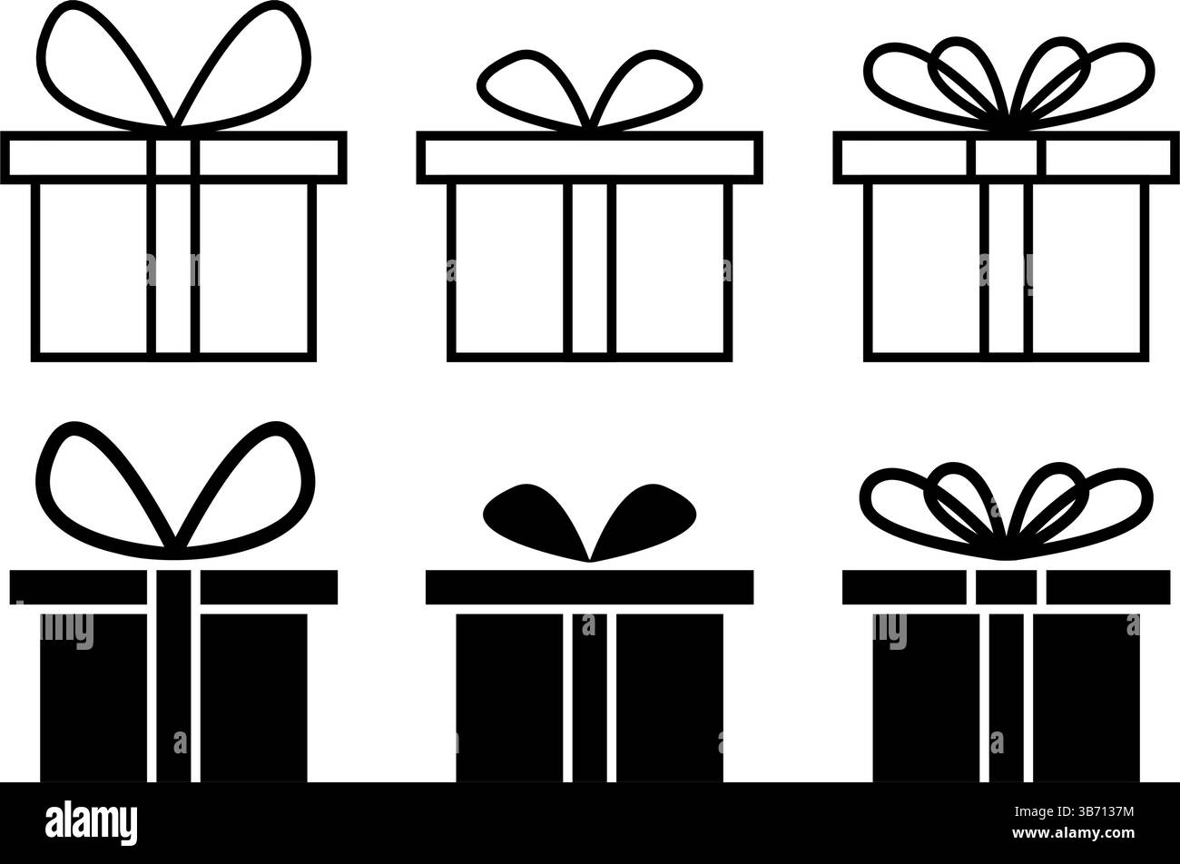 Set mit Symbolen und Silhouetten für Geschenkschachteln. Symbole gegenwärtiger Pakete mit Schleifenbögen isoliert auf weißem Hintergrund. Piktogramme für Geburtstags-, Hochzeits- oder Weihnachtsgeschenkschachteln. Vektorgrafik. Stock Vektor