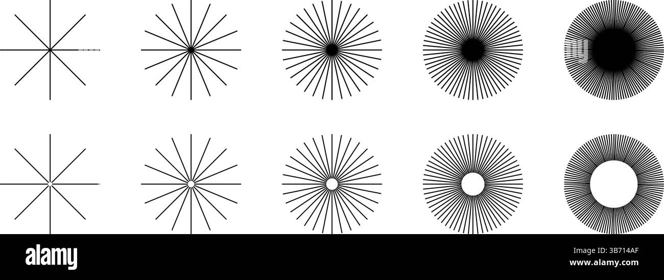 Gerade radiale Linien. Set von Sonnenstrahlen-Symbolen auf weißem Hintergrund. Symbole für Strahlkraft, Bumm, Explosion oder Feuerwerk. Funkelnde oder funkelnde Schilder. Vektorgrafik. Stock Vektor