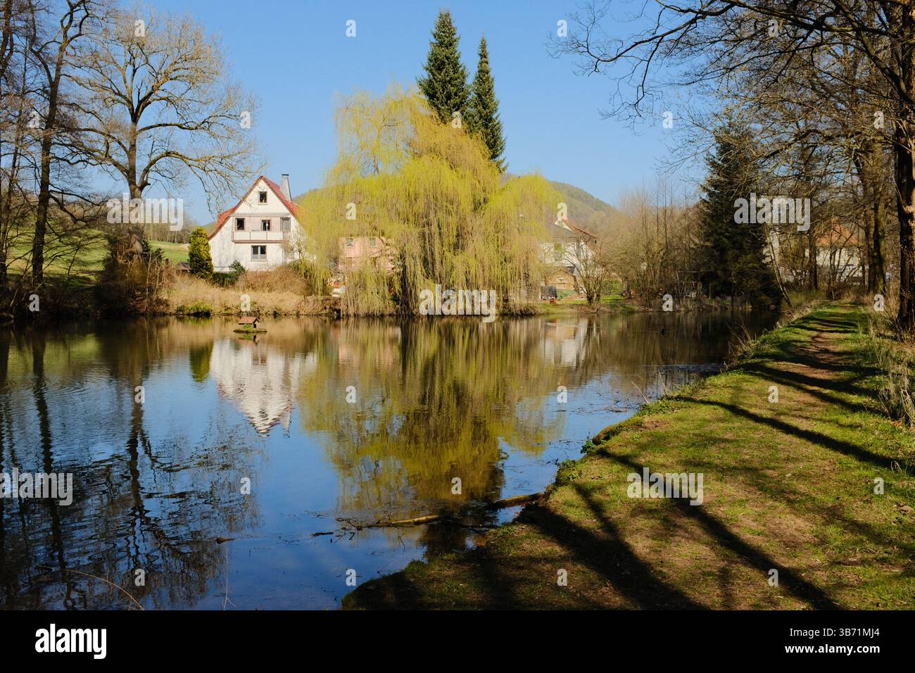 Dorfhäuser mit bunten Bäumen, die sich im Frühling in einem ruhigen See unter blauem Himmel in ländlicher europäischer Umgebung spiegeln. Hochwertige Fotos Stockfoto
