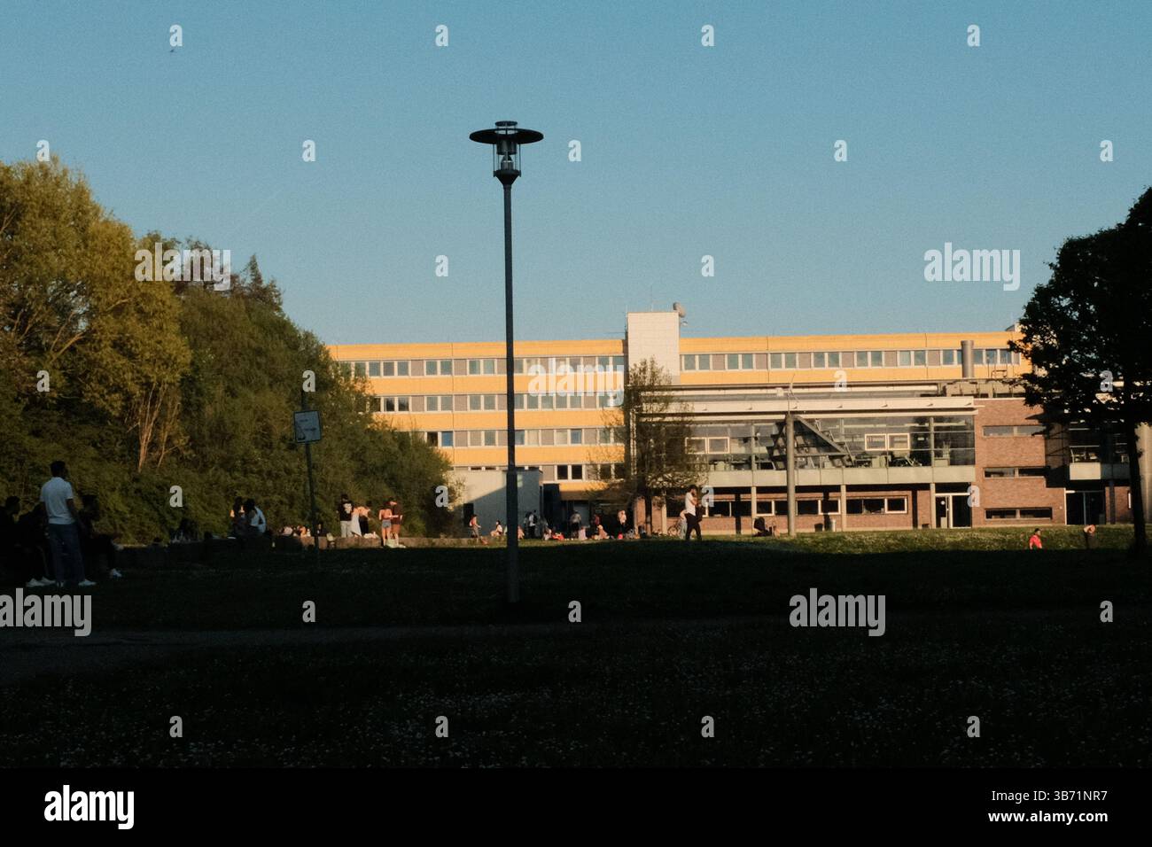 Moderne Wohn- und Institutionengebäude unter klarem blauem Himmel mit Bäumen und Schatten im Frühlingssonnenlicht. Hochwertige Fotos Stockfoto