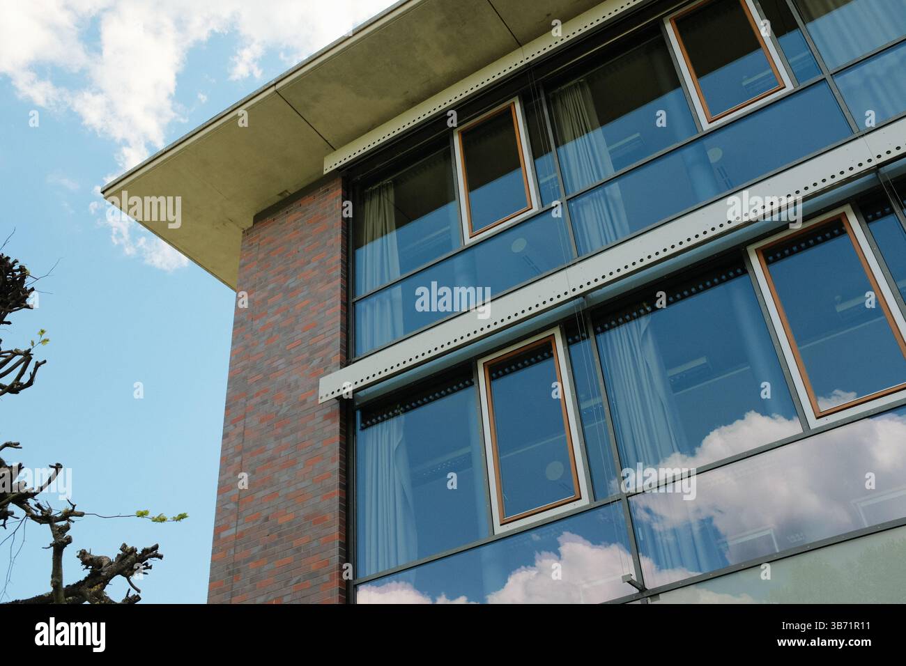 Moderne Wohn- und Institutionengebäude unter klarem blauem Himmel mit Bäumen und Schatten im Frühlingssonnenlicht. Hochwertige Fotos Stockfoto