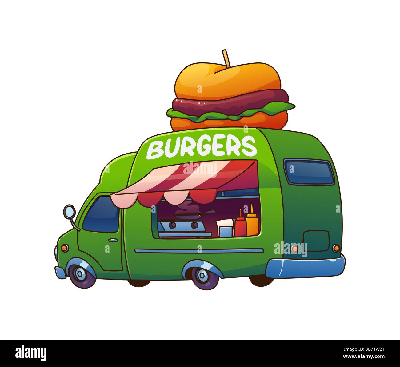 Burger Food Truck Car, Festival Street Food Truck Van mit einem riesigen Hamburger Schild oben, Vintage Festival Street Stand. Cartoon Vektor grün Retro Fahrzeug Stock Vektor