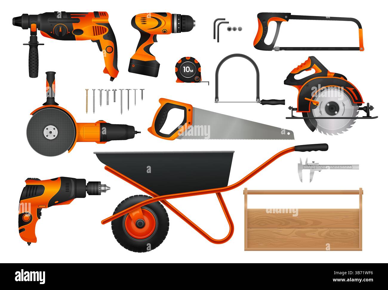 Bauwerkzeugsatz. Realistische 3D-Vektor-Holzbearbeitungsbohrer, Säge, Schubkarre und Messgeräte in Orange und Schwarz. Unverzichtbare Ausrüstung für Zimmerei, heimwerkerprojekte und heimwerkerprojekte Stock Vektor