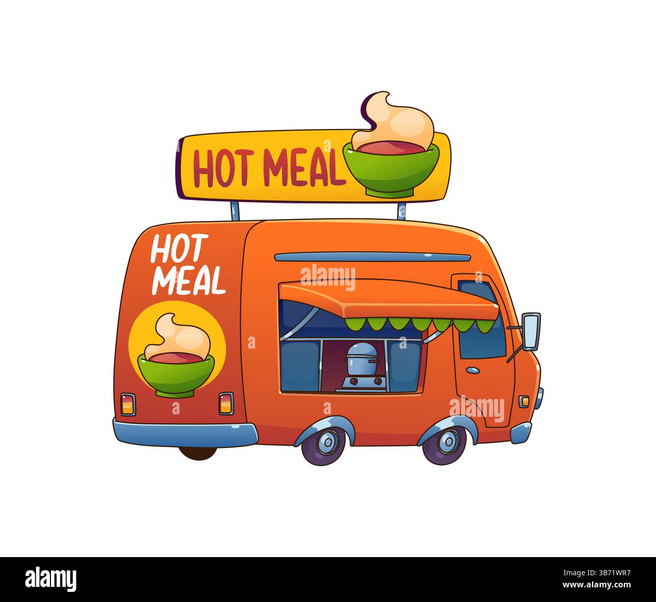 Cartoon Orange Food Truck Van serviert warme Mahlzeiten. Vector Vintage Festival Street Foodtruck Auto mit großem Schild mit dampfender Speisenschale oben, Wartungsfenster mit Kücheneinrichtung innen und Markise Stock Vektor