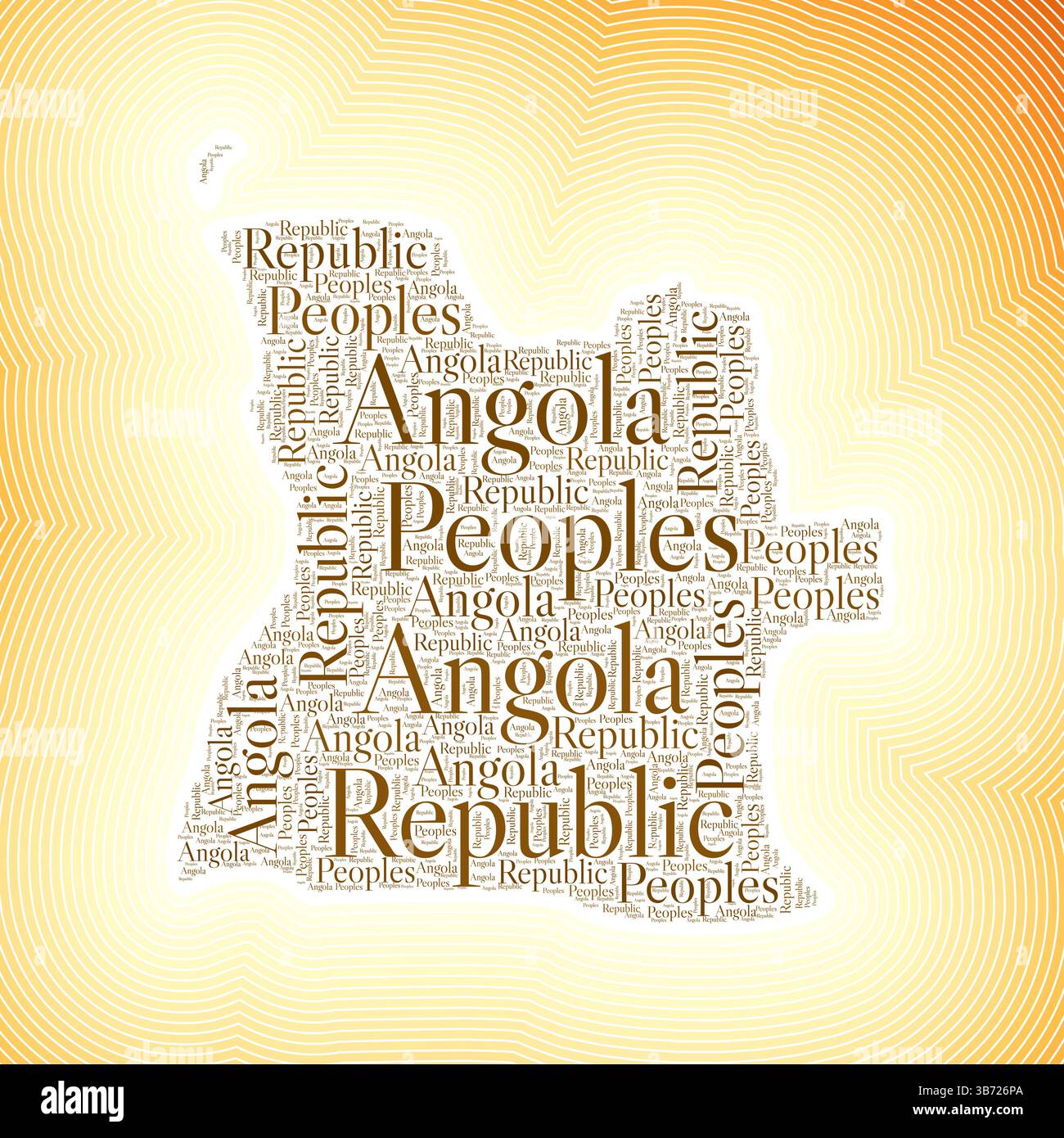 Angola-Form, die durch den Ländernamen in mehreren Sprachen gebildet wird. Angola-Borte auf stilvollem gestreiftem Hintergrund mit Farbverlauf. Lebendiges Poster. Stock Vektor