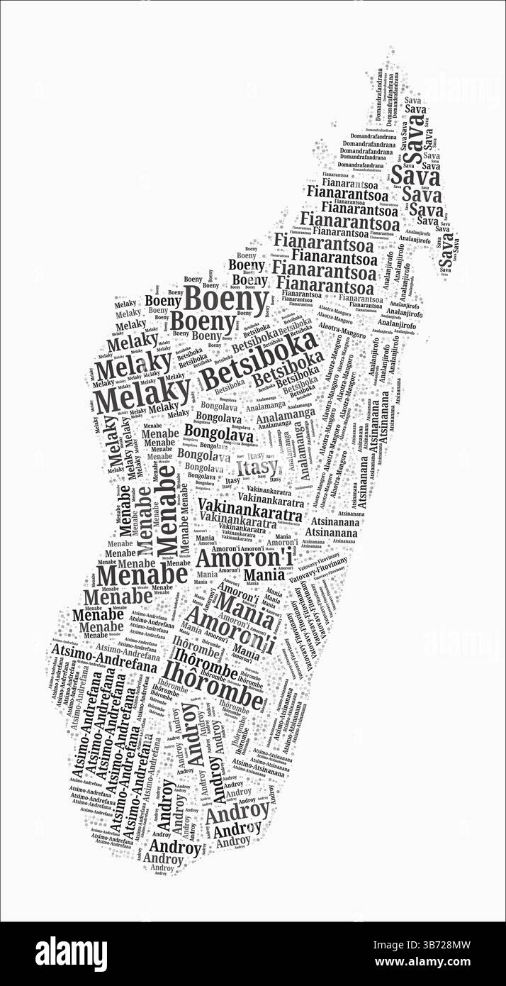 Textformatbereiche Madagaskar. Länderregion nennt Wortwolken in französischer Sprache. Wunderschöne Vektorillustration. Stock Vektor