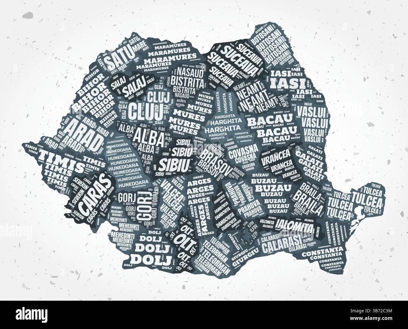 Rumänien Regionen Wortwolken. Länderform auf strukturiertem Hintergrund. Rumänisches Design im typografischen Stil. Fantastische Vektor-Illustration. Stock Vektor