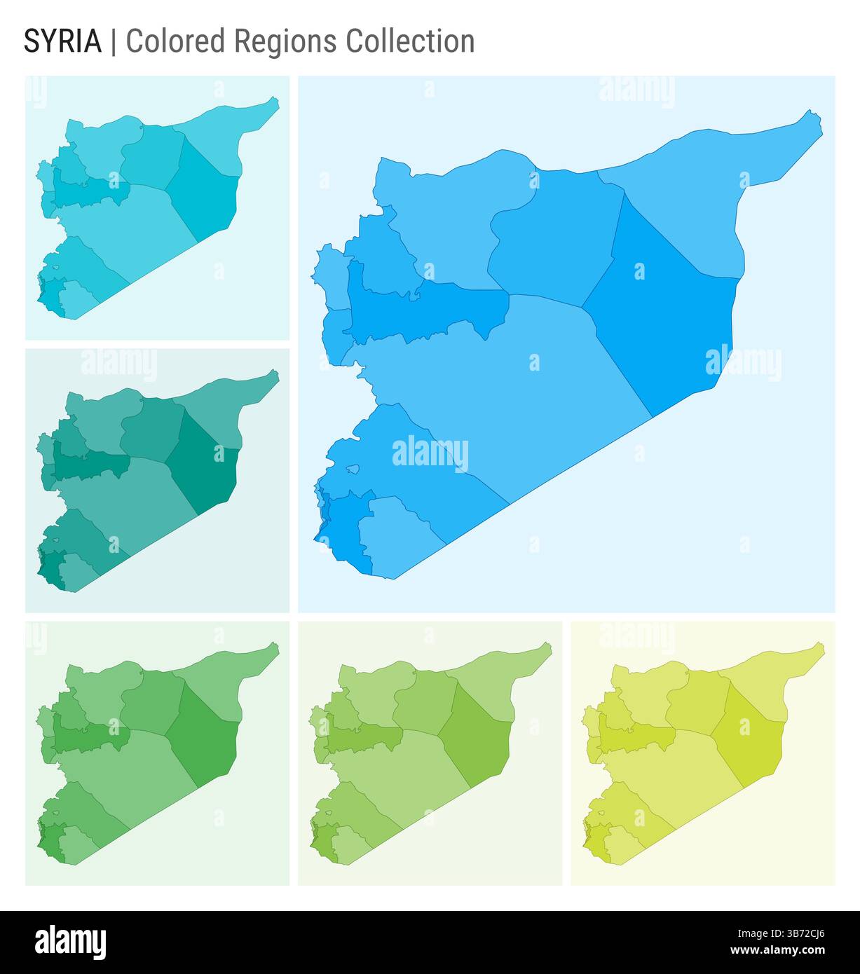 Kartensammlung Syrien. Länderform mit farbigen Regionen. Hellblau, Cyan, Teal, Grün, Hellgrün, Farbpaletten in Limettenfarben. Stock Vektor