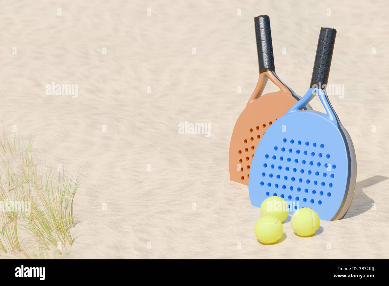 Zwei bunte Paddel und gelbe Bälle am Sandstrand, perfekt für einen Tag mit Paddeltennis. 3D-Rendering Stockfoto
