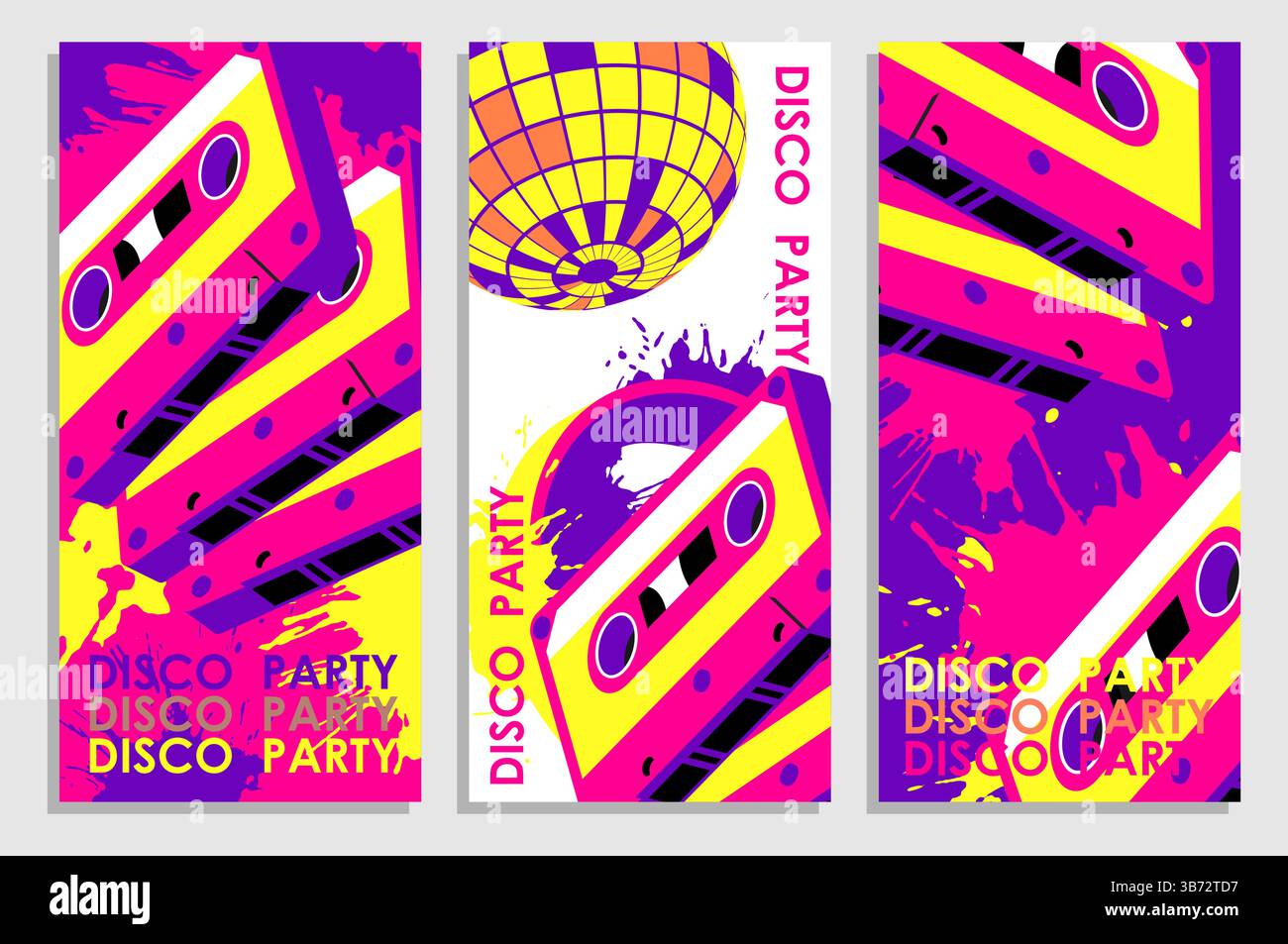 Set aus vertikalen Flyern mit alter Magnetband-Audio-Kassette und funkelnder Spiegel-Disco-Kugel, die mit farbigen Flecken und Farbpunkten heruntergeworfen wurde. Vorlagen für p Stock Vektor