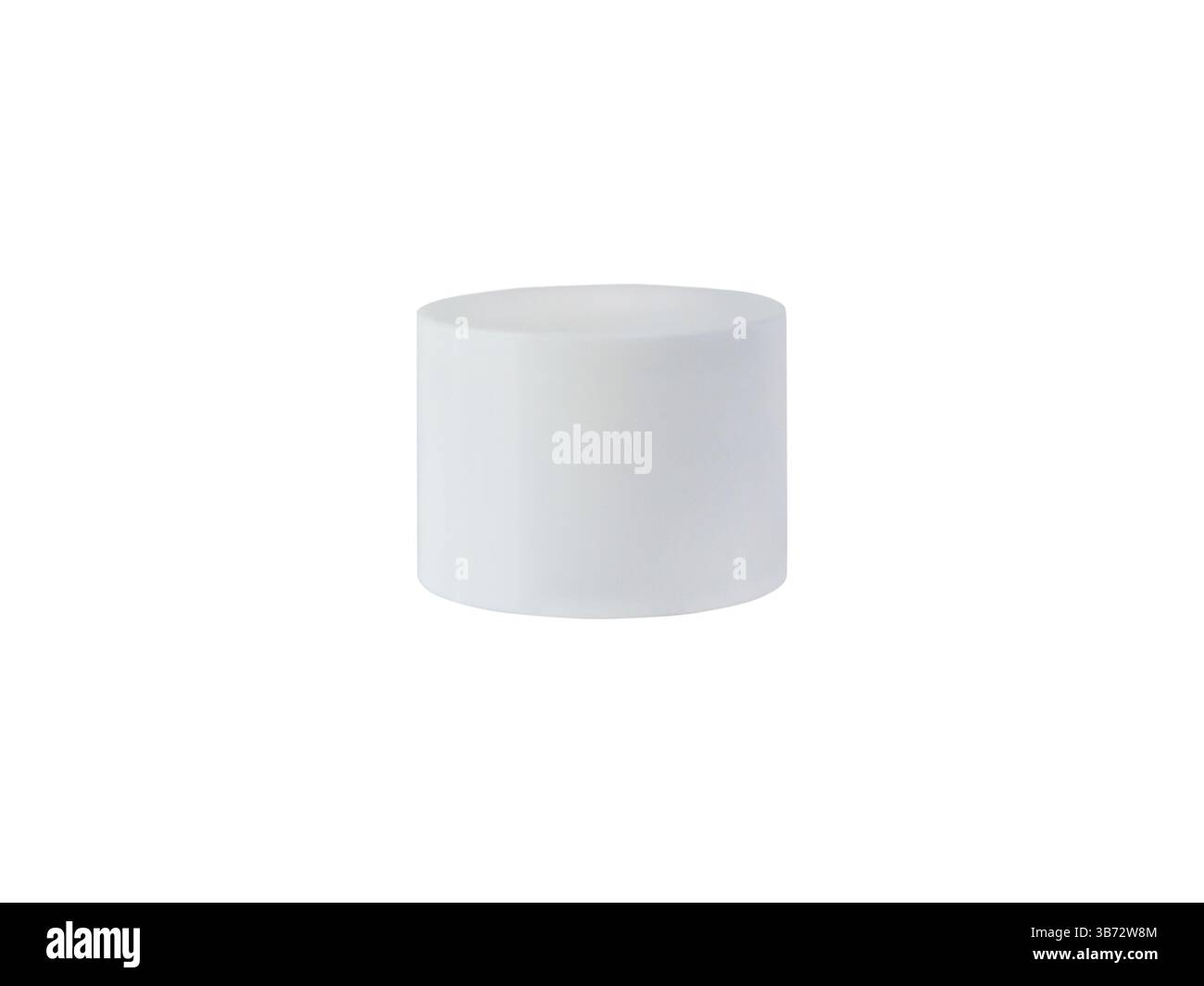 Minimalistisches weißes zylindrisches Podium isoliert auf weißem Hintergrund. Produktanzeige. Saubere und moderne Plattform, ideal für die Präsentation von Hautpflege, Schönheit oder Stockfoto