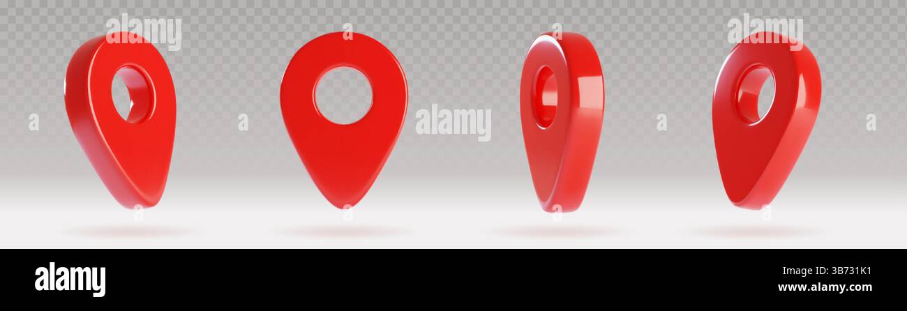 Rote 3D-Kartenzeiger-Pin-Symbole – glänzende Positionsmarkierungen mit transparenten Schatten auf grauem Hintergrund. Glänzende, tropfenförmige Navigationssymbole für die Benutzeroberfläche von GPS-, Reise- und Bereitstellungsdiensten. Stock Vektor