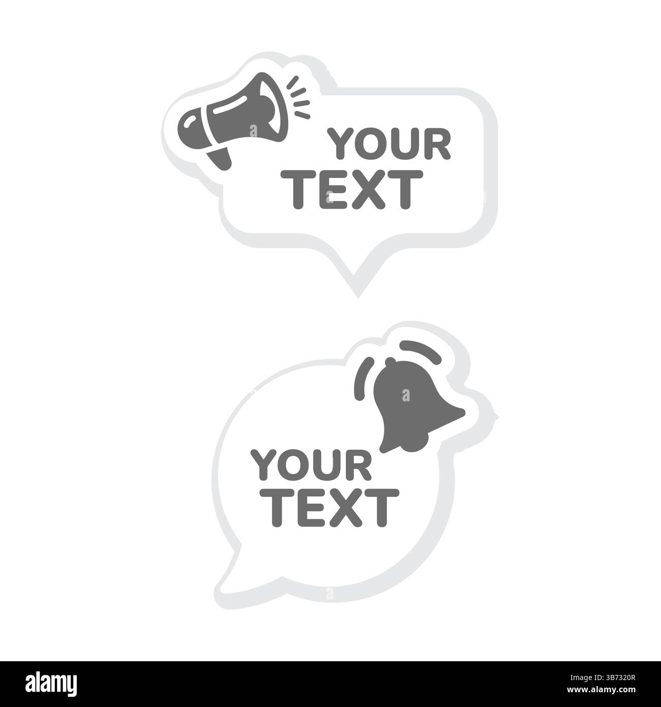 Chatblase mit Klingel und Lautsprecher oder Megaphon-Vorlage. Vektorsymbol für Werbung, Werbung und Ansage mit 3D-Schatteneffekt. Stock Vektor
