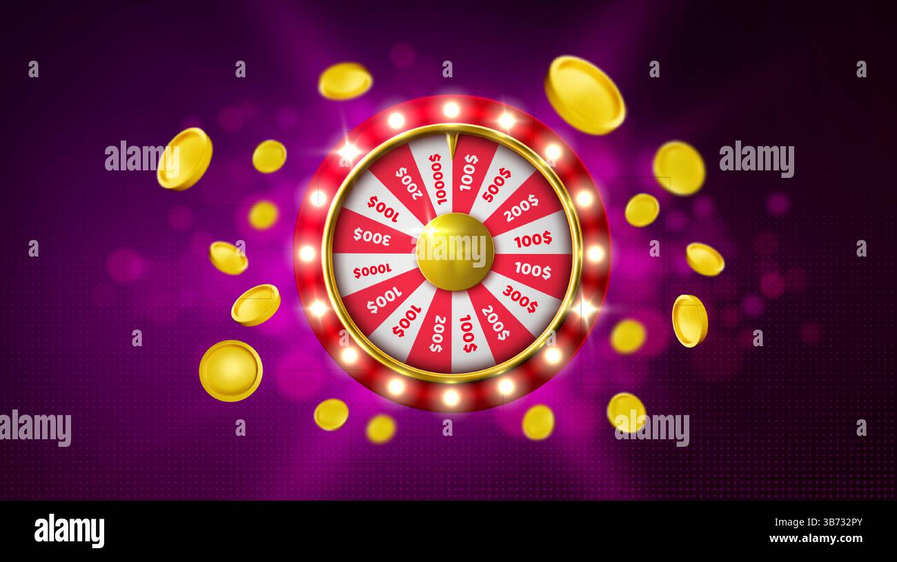 Glücksrad mit glühenden Glühbirnen, Gewinnsektoren auf sich drehendes Roulette. Glücksspiel-Lotterie-Glücksspiel-Konzept, Casino-Jackpot-Glückskreis umgeben von goldenen Münzen, die auf lila bg herumfliegen. Stock Vektor