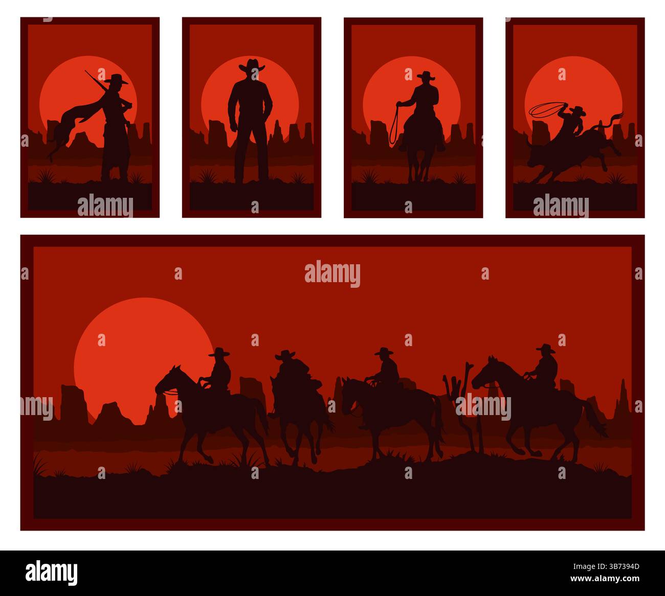 Set aus Cowboy-Silhouetten, die in einer Wüstenlandschaft reiten und stehen, mit dramatischem rotem Hintergrund bei Sonnenuntergang, die an klassische Themen des Wilden Westens erinnern. Stock Vektor