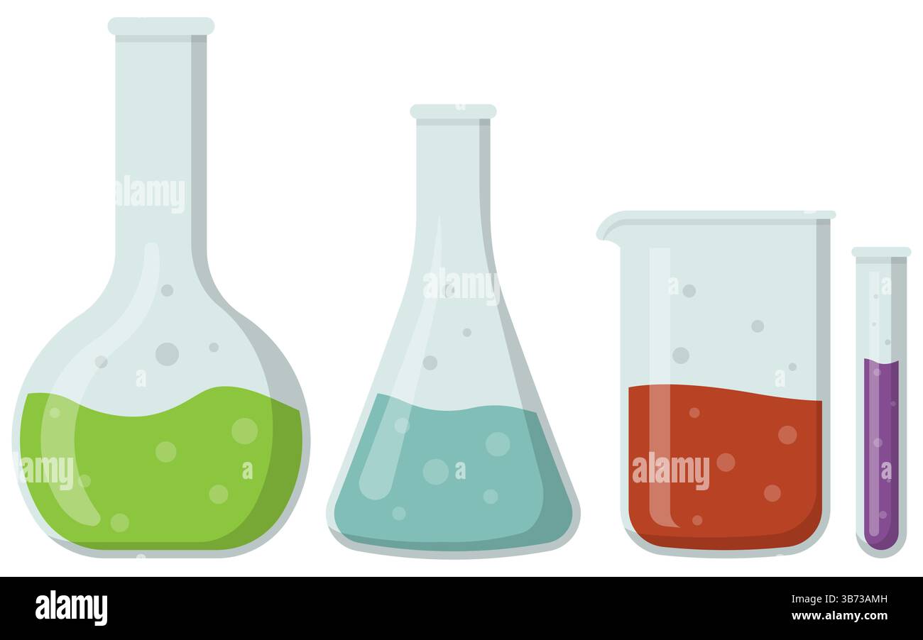 Eine Illustration von Laborglas mit bunten chemischen Lösungen in verschiedenen Kolben und Bechern auf einem Tisch Stock Vektor