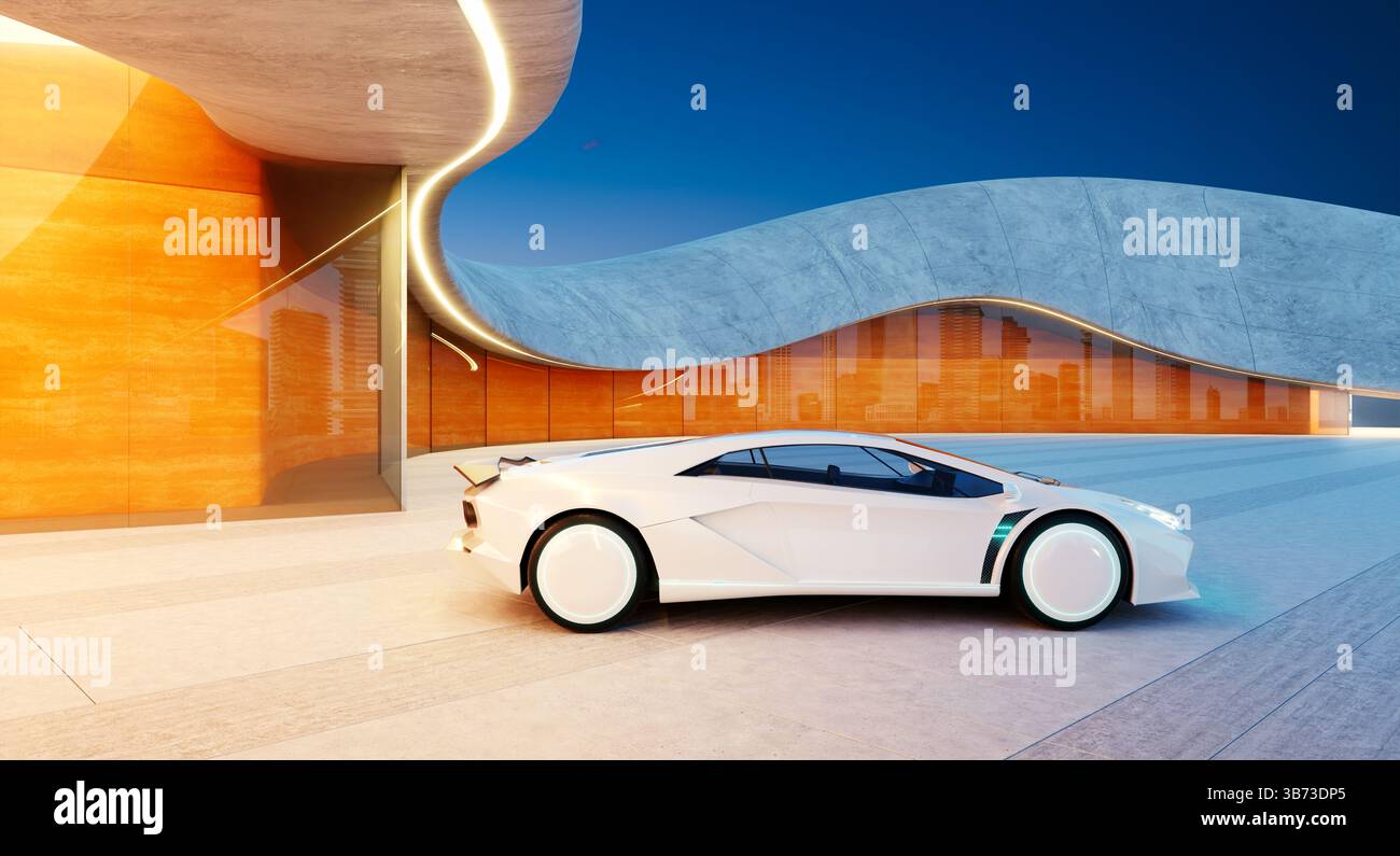 Weißer, futuristischer Sportwagen, der in der Abenddämmerung vor einem modernen, luxuriösen Gebäude parkt und innovatives Automobildesign und moderne Architektur präsentiert Stockfoto