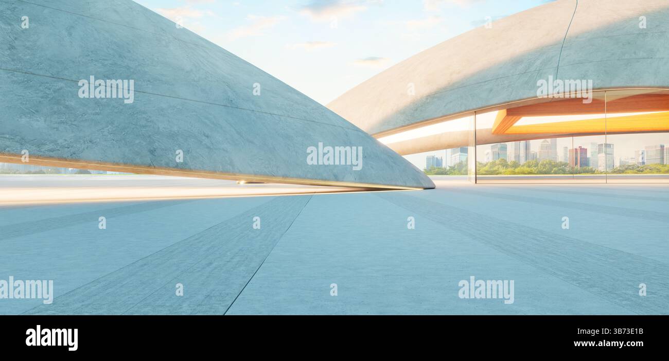 Leerer Betonboden mit abstrakter moderner Architektur und Blick auf die Stadt. 3D-Rendering Stockfoto