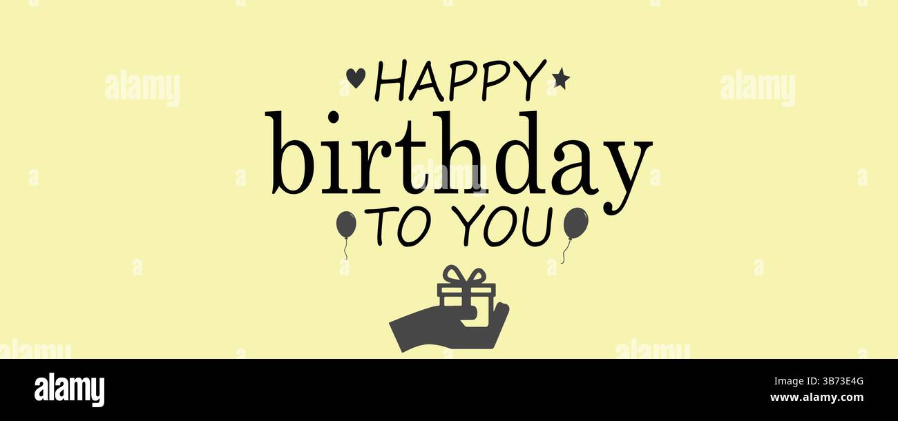 Happy Birthday Schriftzug Textbanner mit Ballons, Geschenken & Herzen in Schwarz auf gelbem Hintergrund. Editierbare Vektor-EPS-Vorlage. Stock Vektor