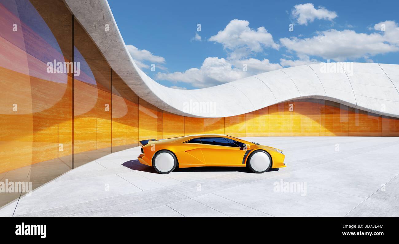 Orange moderner Sportwagen parkt in der Nähe eines futuristischen Architekturgebäudes, das an einem sonnigen Tag Wolken reflektiert. 3D-Rendering Stockfoto