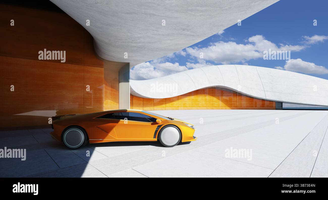 Moderner orangefarbener Sportwagen in einer Garage im futuristischen Stil. 3D-Rendering Stockfoto
