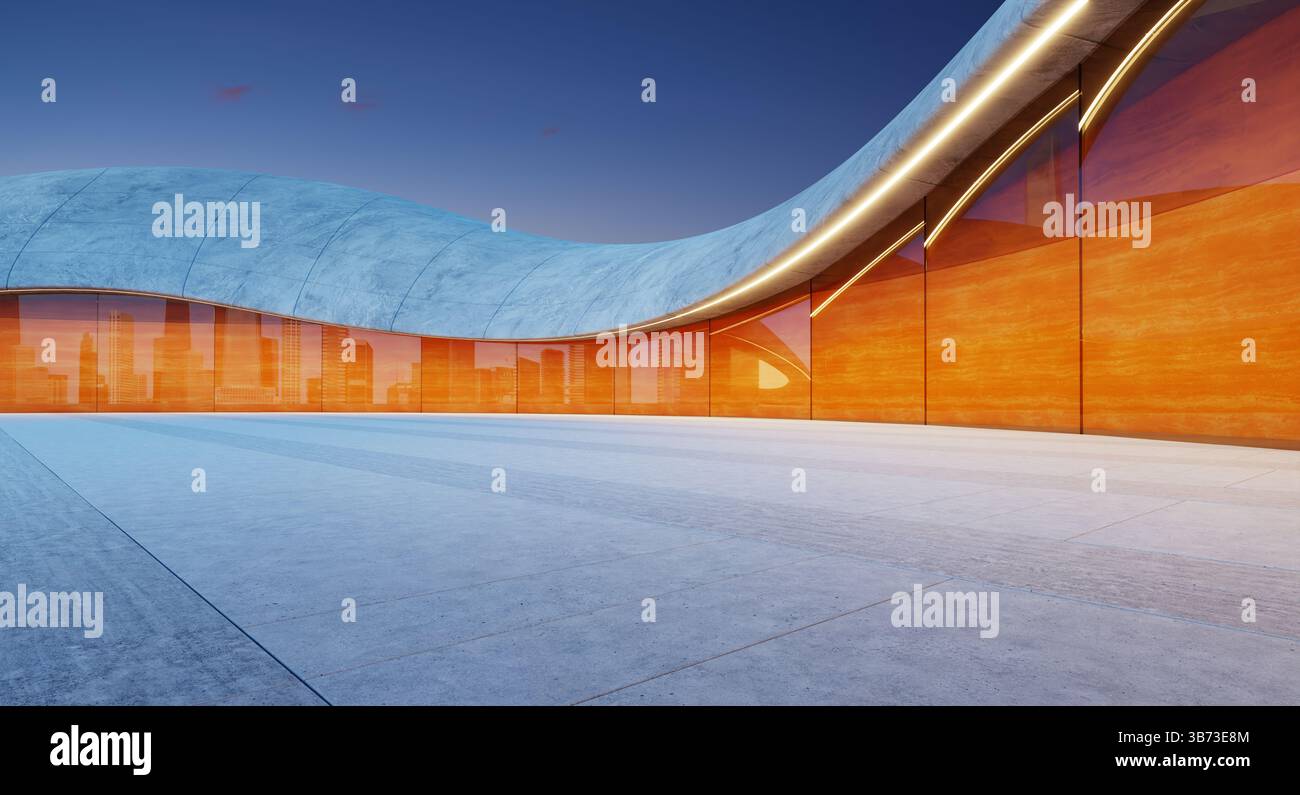Leerer Parkplatz mit futuristischem Design und orangefarbenen Tafeln, die die Skyline der Stadt in der Abenddämmerung reflektieren. 3D-Rendering Stockfoto
