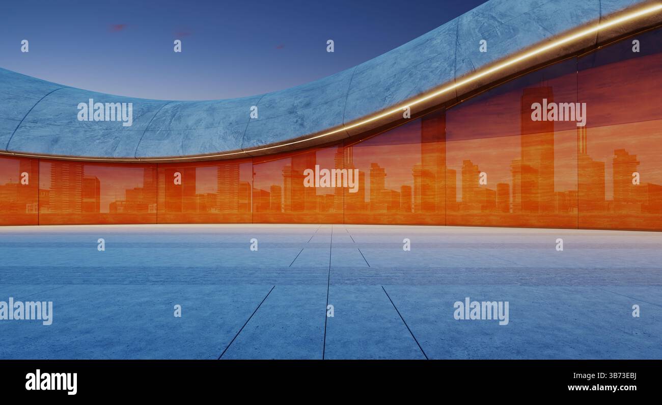 Leerer Parkplatz mit futuristischem Design, das die Skyline der Stadt bei Sonnenuntergang widerspiegelt. 3D-Rendering Stockfoto