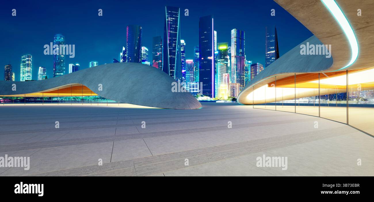 Leerer Betonparkplatz mit futuristischem Design und beleuchtetem Stadtbild im Hintergrund bei Dämmerung. 3D-Rendering Stockfoto