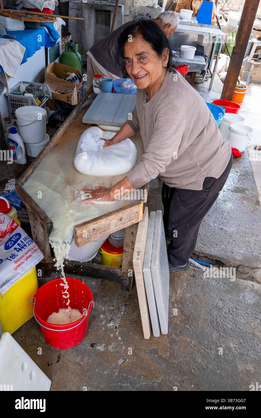 Eine ältere Frau, die Feta-Käse auf traditionelle Art und Weise herstellt und ausschließlich Schafmilch verwendet. - Korucam (Kormakiti) maronitisches Dorf, Nordzypern. Stockfoto