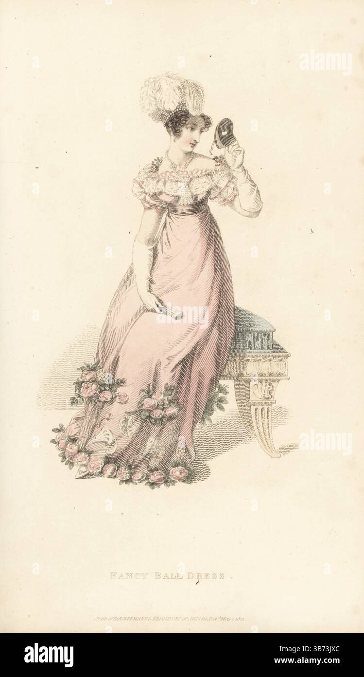 Frau in schickem Ballkleid, die eine Maskierungsmaske hält, auf einem Hocker sitzt. Rundes Kleid aus rosa Gaze über Satin mit Rosenkranz und gestickten Muscheln am Saum. Quadratische Corsage, blonder tucker a l'enfant, mit blonden Muscheln besetzt. Perlendiadem mit Straußenfedern, Perlenkette, Kinderhandschuhe. Entworfen von Miss Pierpoint, 9 Henrietta Street, Covent Garden, Erfinder des Korsetts in La Grecque. Handkolorierter Kupferstich von Thomas Uwins alias Arbiter Elegantiarum aus Rudolph Ackermanns Repository of Arts, Strand, London, Mai 1821. Stockfoto