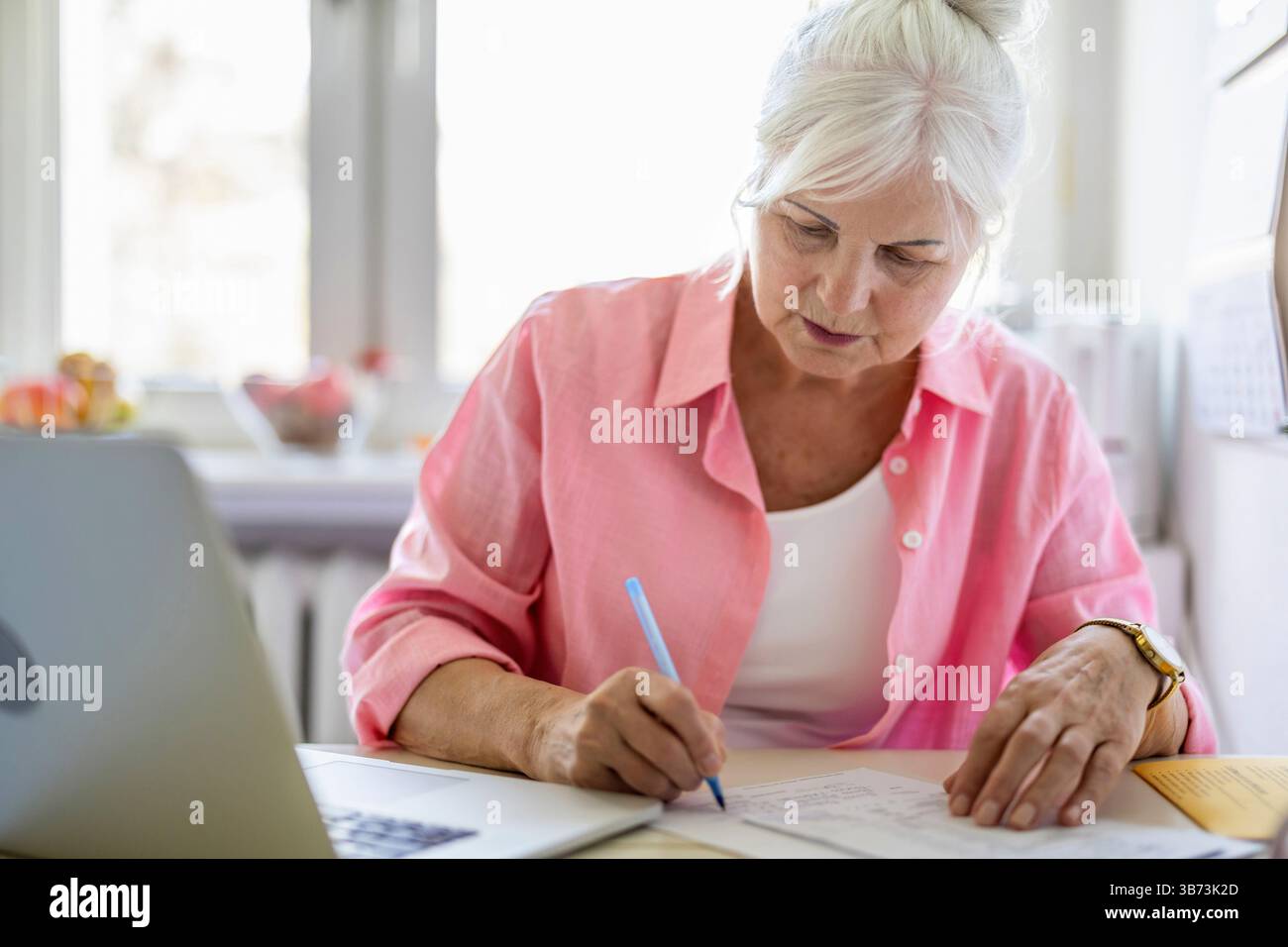 Senior Frau, die zu Hause Finanzberichte ausfüllt Stockfoto