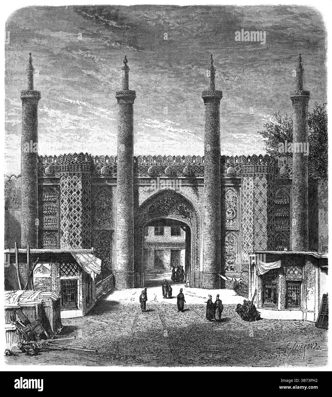 Historisches Stadttor oder Stadttor in den Stadtmauern von Teheran, Persien oder Iran. Vintage oder historische Gravur oder Illustration 1866 Stockfoto