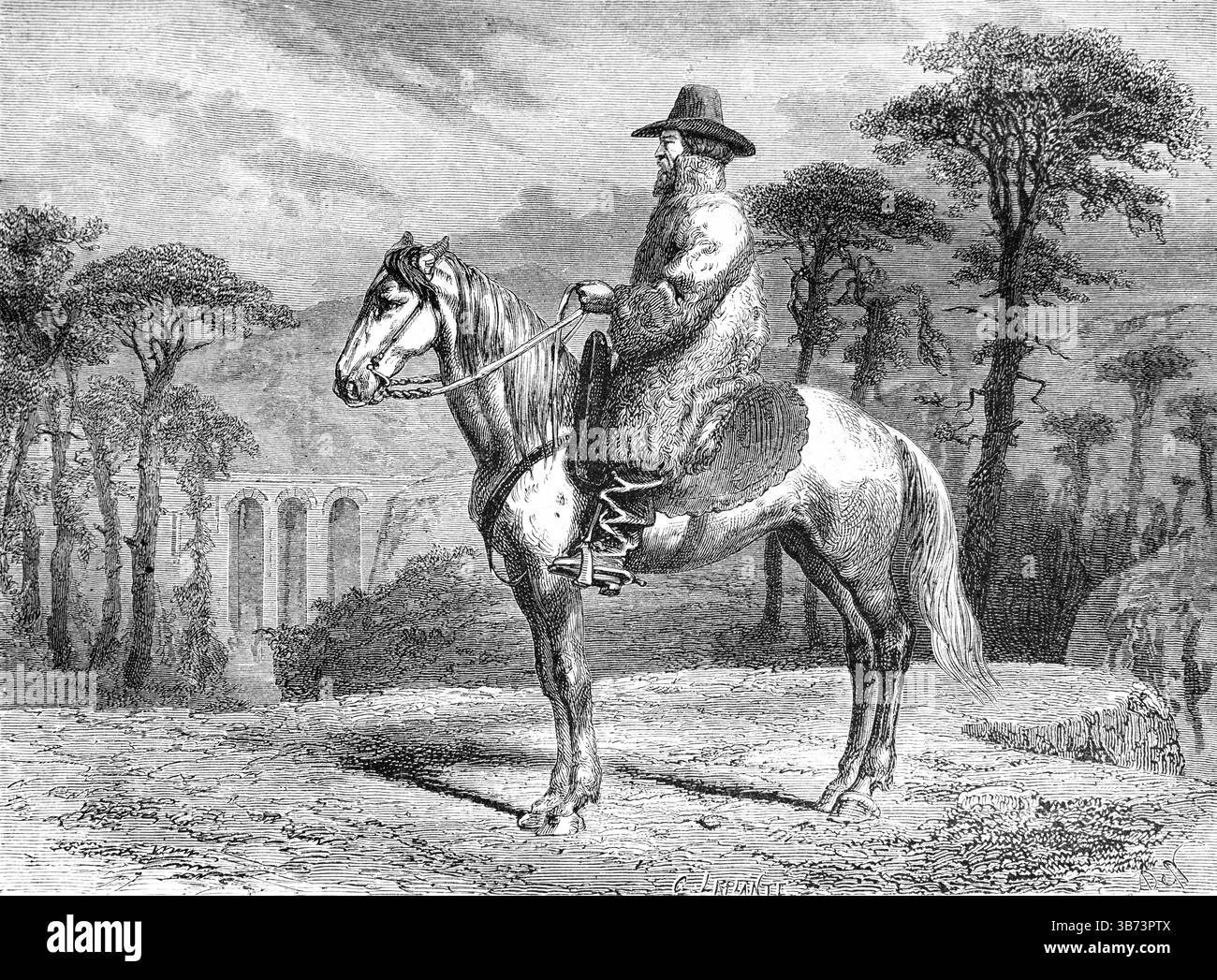 Ein Fattore oder Farm Manager, der ein Pferd, Reiter oder Pferd auf dem Land in der Nähe von Sienna Toskana Italien reitet. Vintage oder historische Gravur oder Illustration 1866 Stockfoto