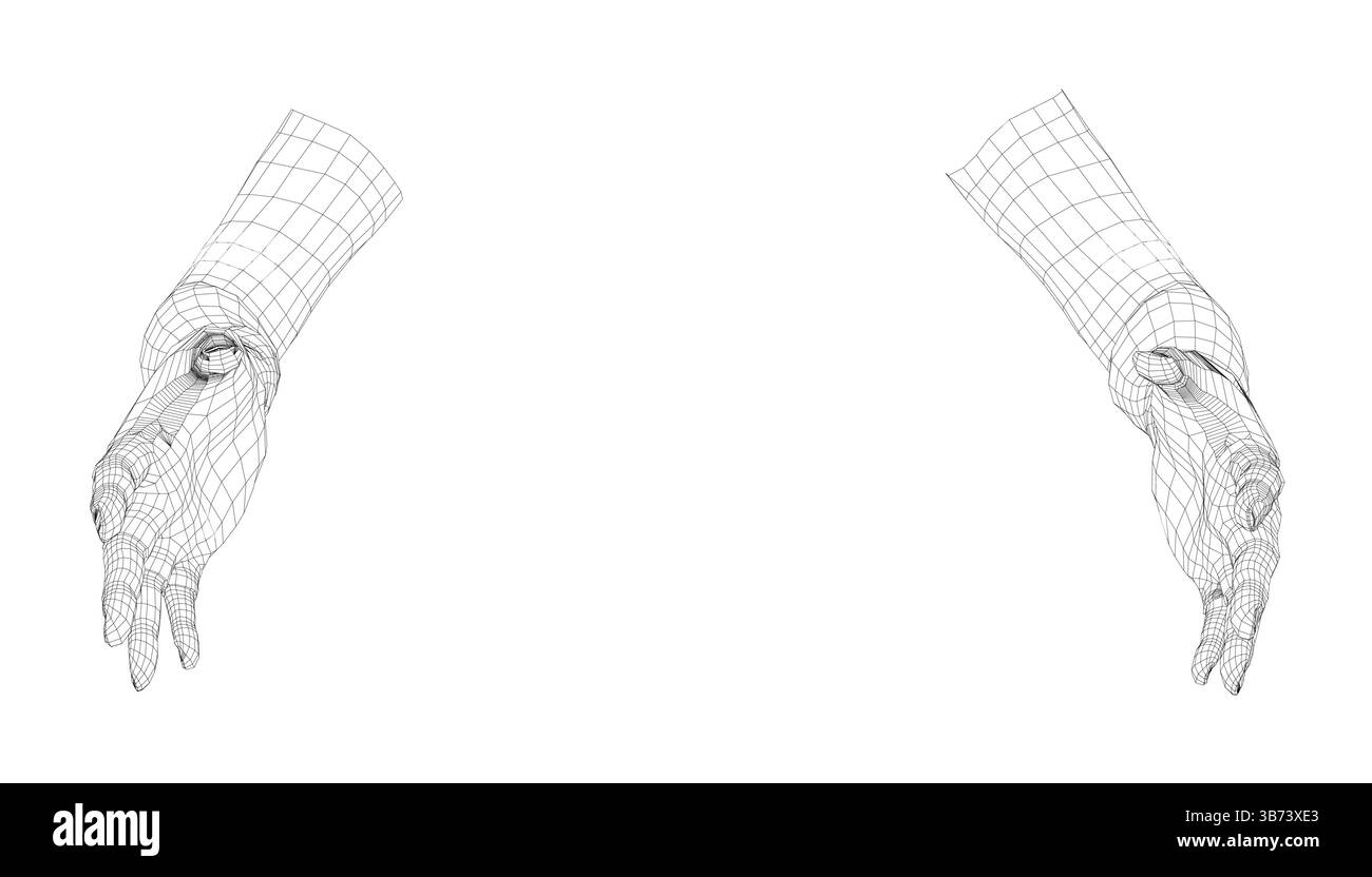 Zwei Hände sind in einer schwarz-weißen Abbildung dargestellt. Die Hände liegen dicht beieinander, wobei eine Hand übereinander liegt. Die Illustraten Stock Vektor