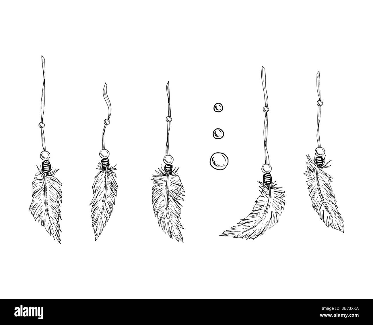 Vektor-Illustration von Boho-Federn und Perlen von einem Traumfänger, handgezeichnet in monochromer Tuschentechnik. Perfekt für esoterische Designs Stock Vektor