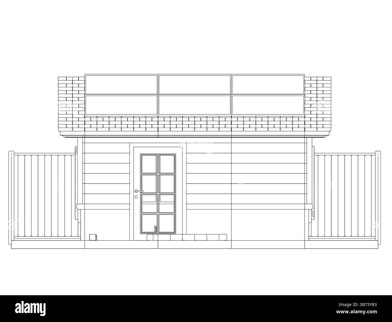 Ein Gebäude mit Tür und Fenster. Die Tür ist offen. Das Fenster wird geschlossen. Das Gebäude besteht aus Ziegeln Stock Vektor