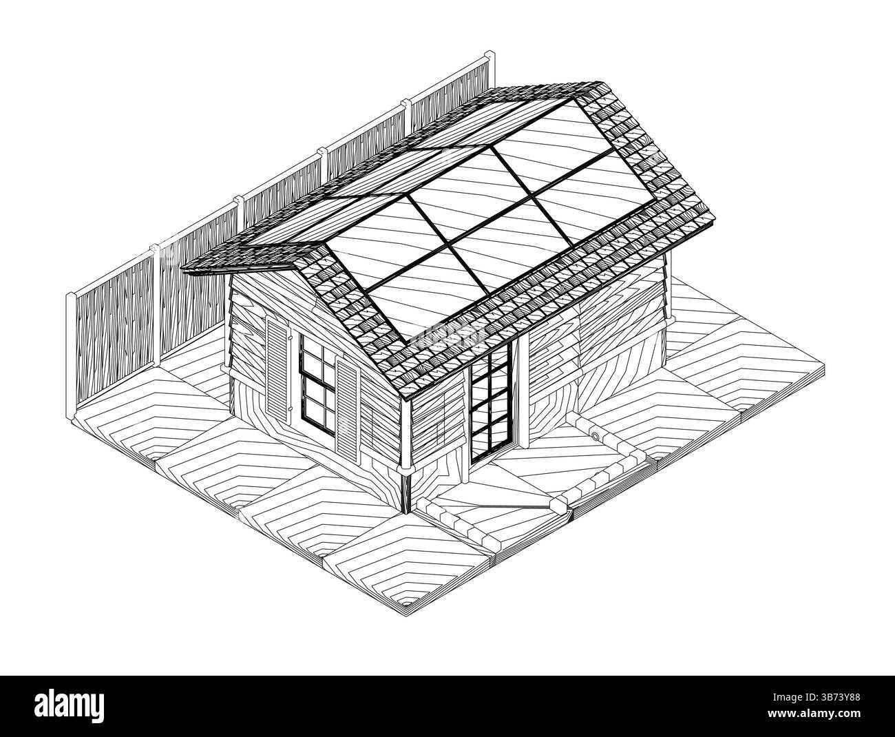 Ein kleines Haus mit einem schrägen Dach und einem Zaun im Hintergrund. Das Haus ist aus Holz und hat ein Fenster. Isometrische Ansicht Stock Vektor