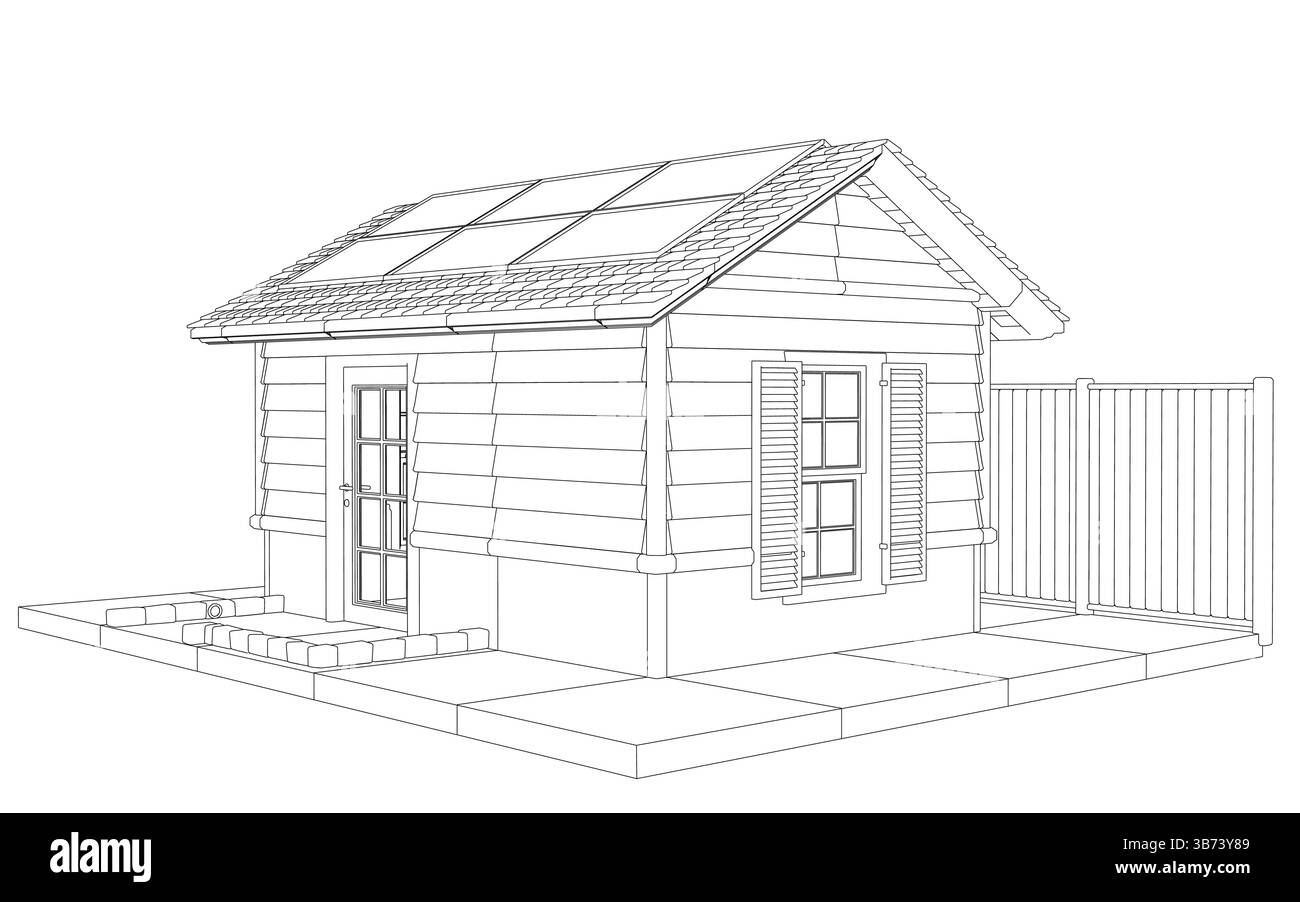 Ein kleines Haus mit schrägem Dach und Fenster. Das Haus ist aus Holz und hat eine kleine Veranda Stock Vektor