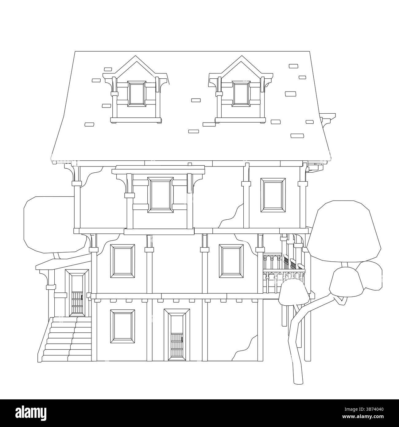 Ein großes Haus mit vielen Fenstern und einem Baum davor. Das Haus ist alt und hat viel Charakter Stock Vektor