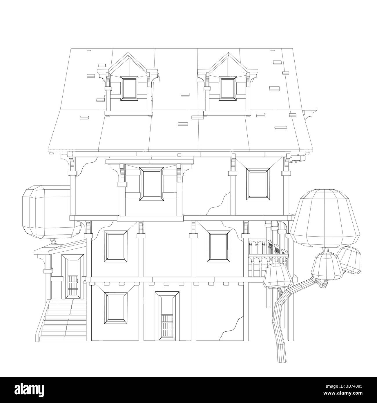 Ein Haus mit einem Baum davor. Das Haus ist sehr groß und hat viele Fenster Stock Vektor
