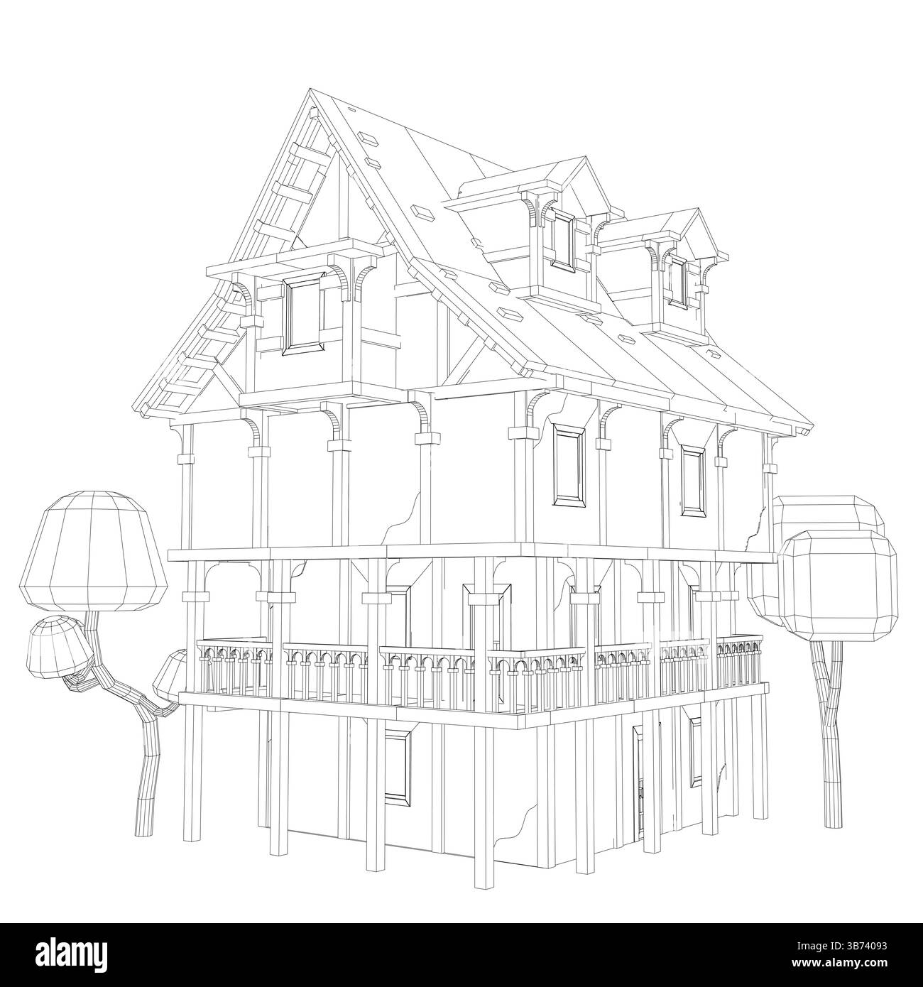 Ein großes Haus mit einer Veranda und einem Baum davor. Das Haus ist weiß und hat viele Fenster Stock Vektor