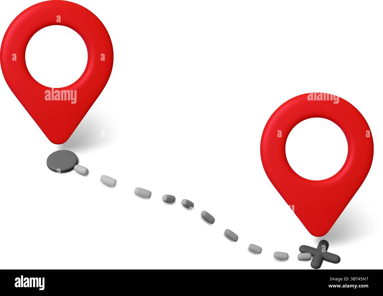 Abstrahieren Sie die 3D-Route vom Start bis zum Ziel mit roten Pins gps. Isolierte Punkte für das Rendering von Navigationskarten. Straßenplanung, Reise, Vektor Stock Vektor