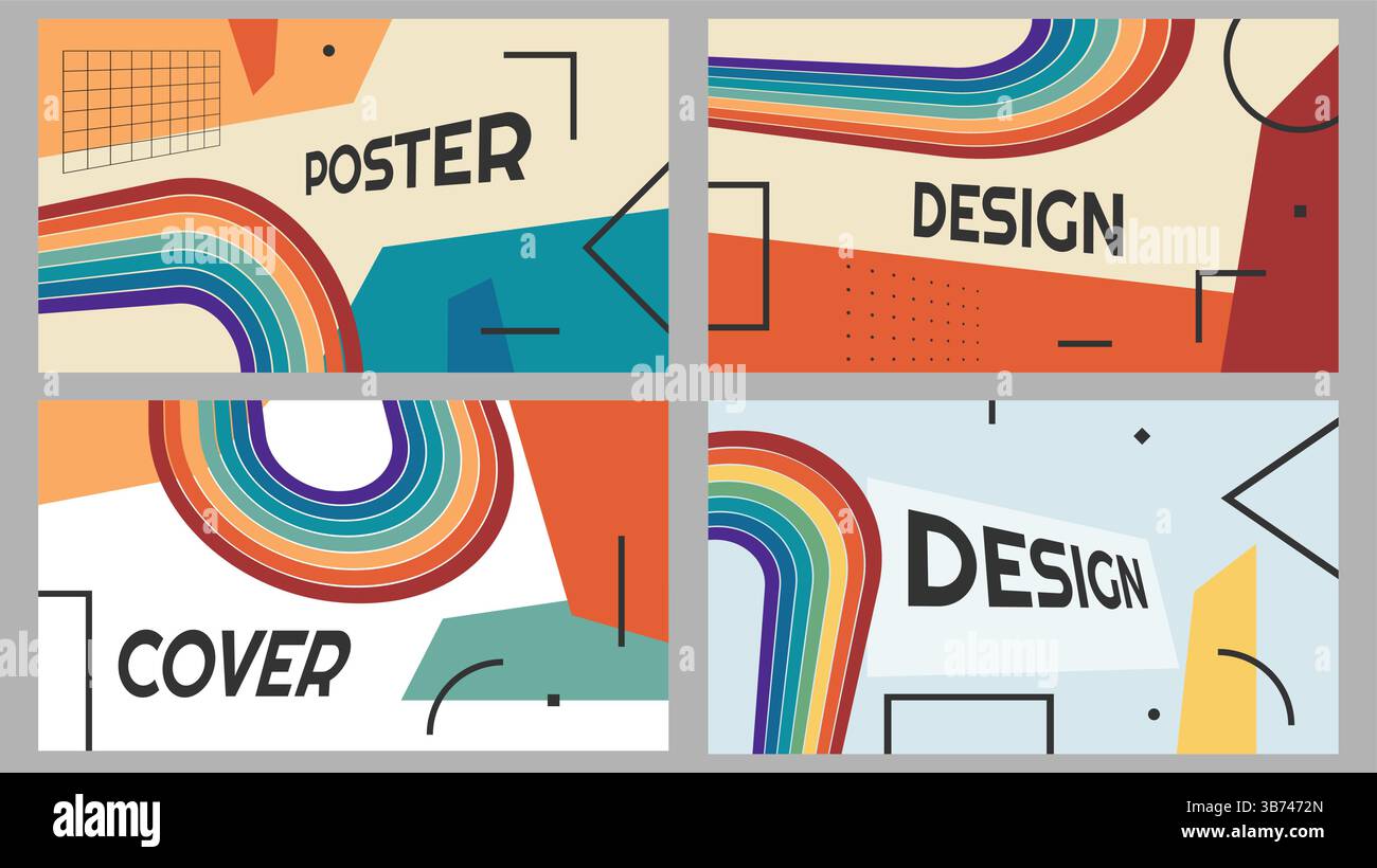 Vektorabbildung. Geometrische einfache Formen Hintergrund. Dynamischer abstrakter, flacher Mid-Century-Stil. Designelemente von Webbanner, Website-Vorlage Stock Vektor