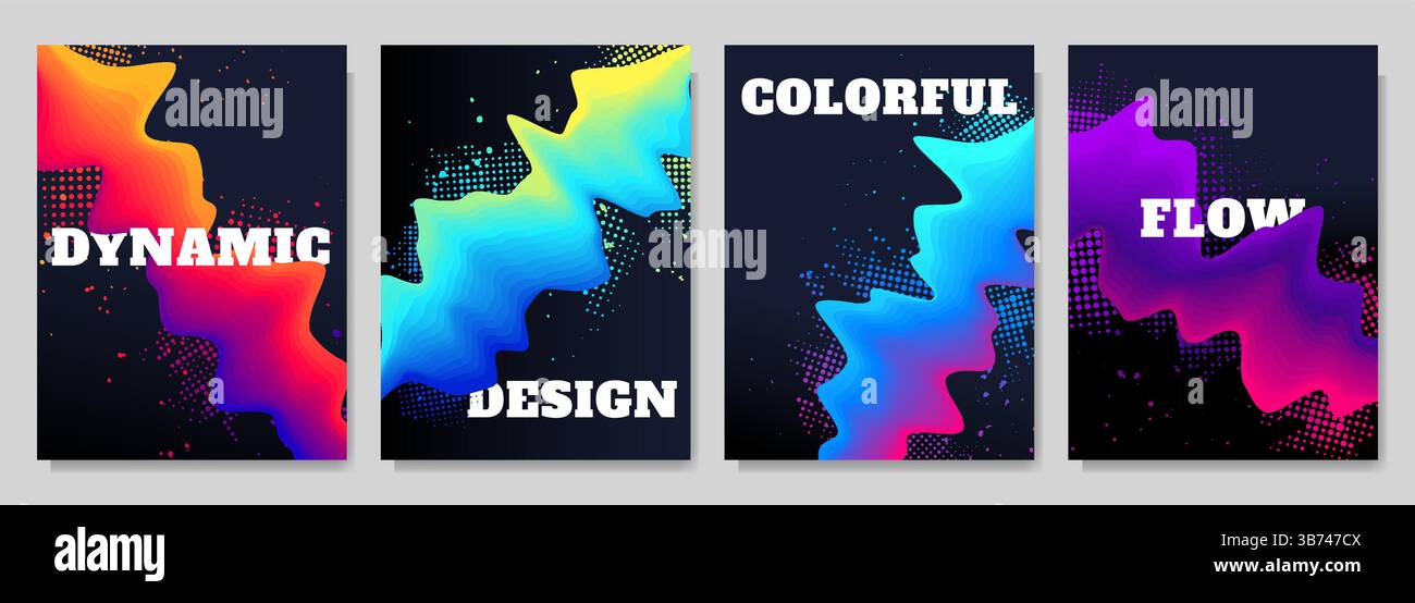 Vektorabbildung. Moderne Kunstgrafik. Dynamische, lebendige Flusselemente mit Farbspritzern und Halbtonpunkten. 3D-Farbverlauf: Bunte Welle. Design Stock Vektor